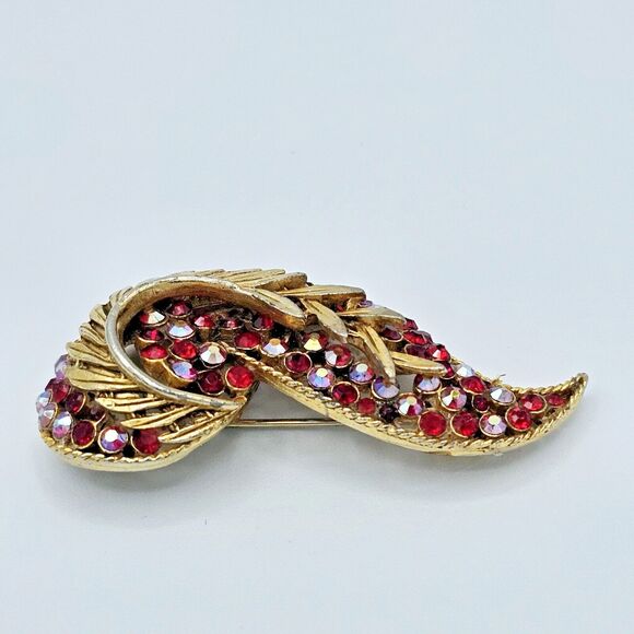 BSK Swirl Leaf Brooch Vintage Paisley Red & Red Aurora Borealis Large Estate Pin - Picture 6 of 13